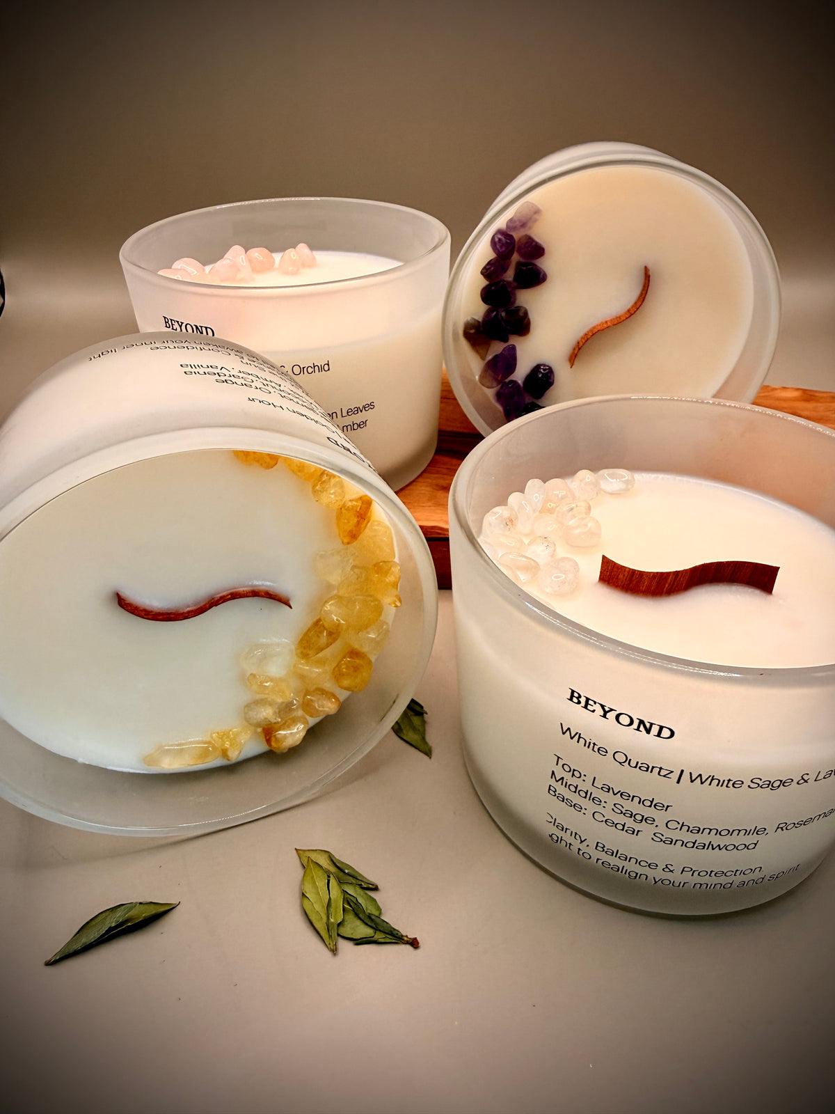 Crystal Candles collection - luxury coconut wax candles with citrine, rose quartz, white quartz and amethyst, handmade gift by Beyond Candle Store