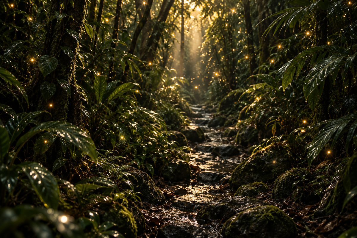 A forest path in warm golden light