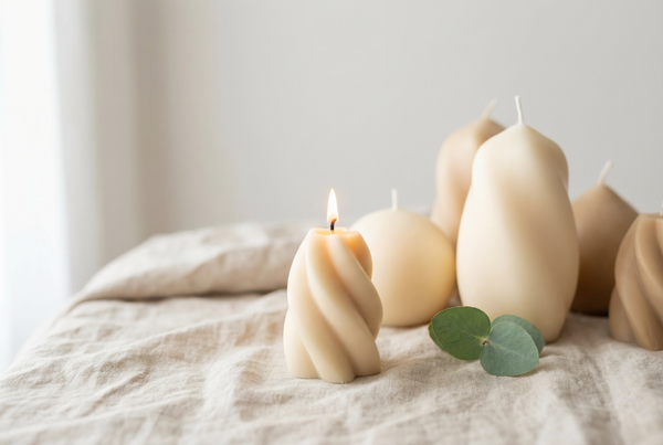 Sculptural soy wax candles on natural linen - non-toxic clean burn editorial photography