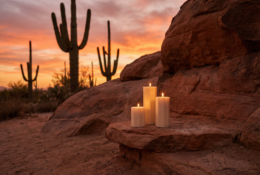 Sculptural soy wax candles at sunset with Arizona saguaro cactus - desert candle store