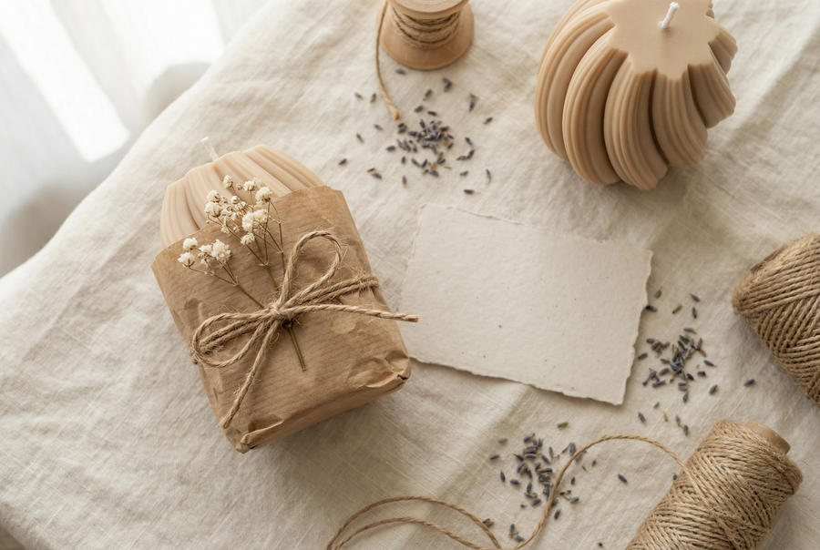 Gift-wrapped sculptural soy candle with dried flowers - handcrafted candle gift guide
