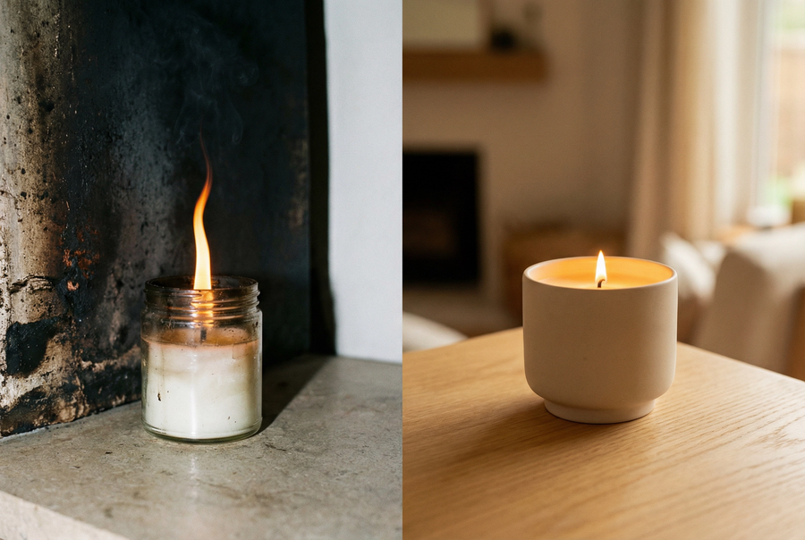 Clean soy wax candle vs smoky paraffin candle comparison - soy vs paraffin guide