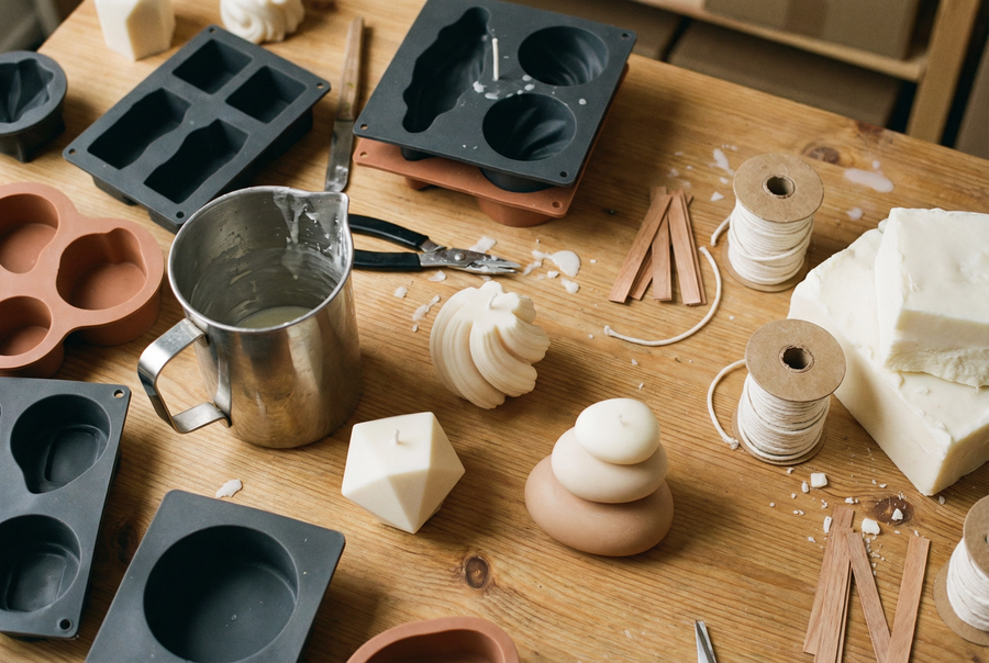 Artisan candle making workspace with molds wicks and soy wax - Arizona candle studio