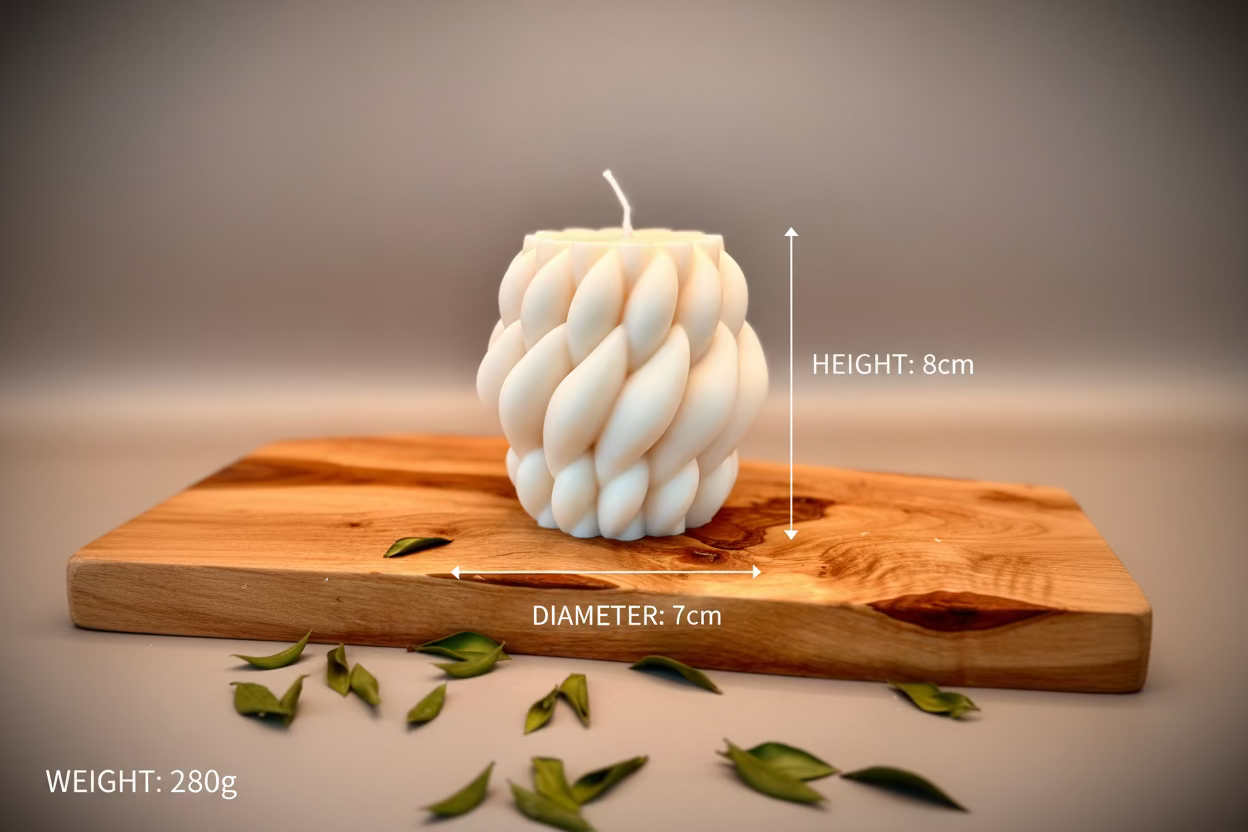 White braided candle on a wooden surface with green leaves