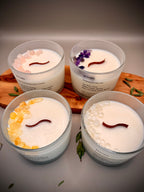 Four Crystal Candles top view - Rose Quartz, Amethyst, Citrine and White Quartz luxury coconut wax candles, handmade gift set by Beyond Candle Store