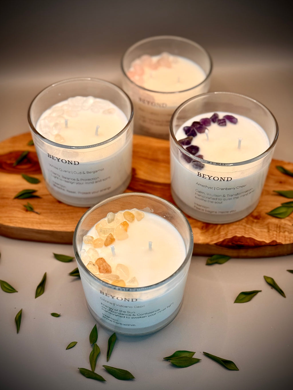 CRYSTAL CANDLES — scented luxury soy wax candles with crystal tops (Citrine, Rose Quartz, White Quartz, Amethyst) by Beyond Candle Store