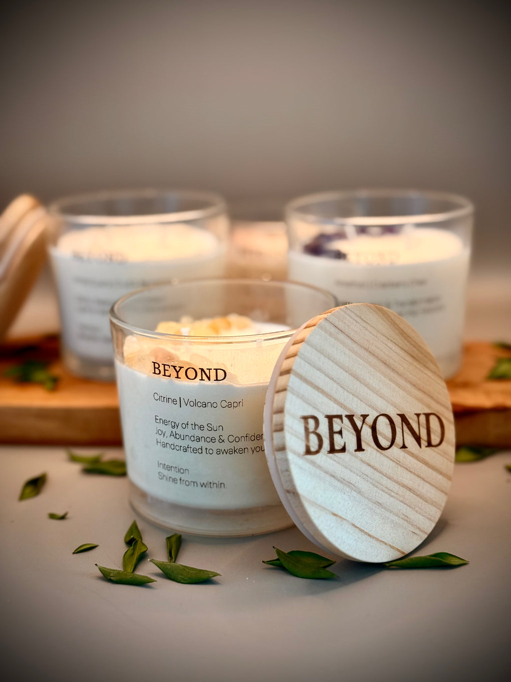 CRYSTAL CANDLES — scented luxury soy wax candles with crystal tops (Citrine, Rose Quartz, White Quartz, Amethyst) by Beyond Candle Store