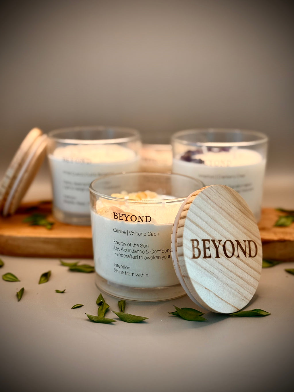 CRYSTAL CANDLES — scented luxury soy wax candles with crystal tops (Citrine, Rose Quartz, White Quartz, Amethyst) by Beyond Candle Store