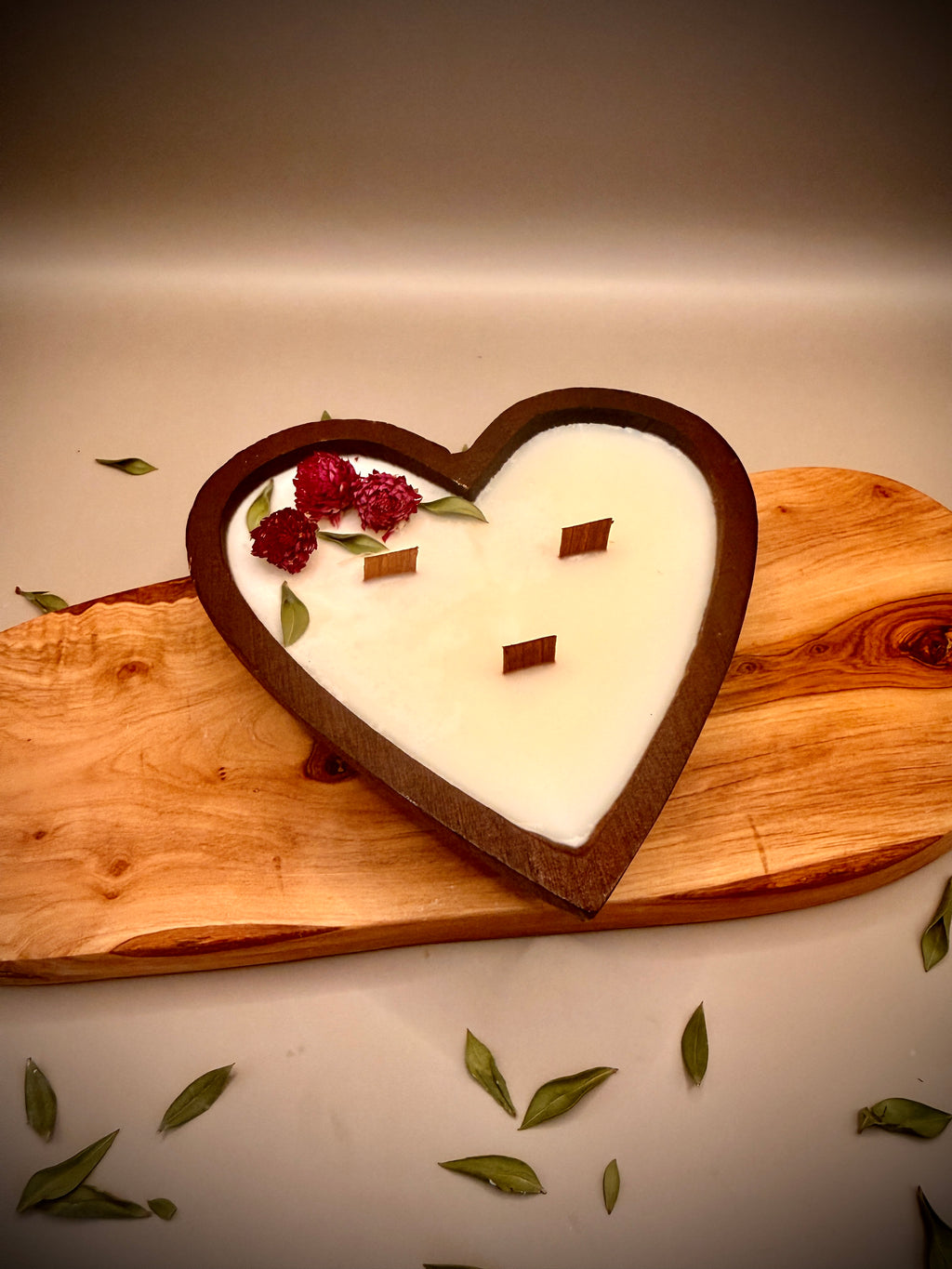 HEART hand-poured soy wax candle with wooden wick — Rose Quartz scent in wooden heart vessel by Beyond Candle Store