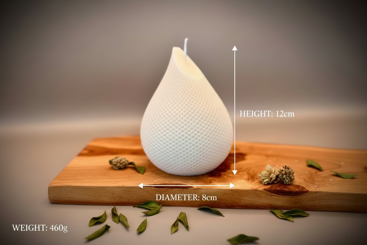 White textured candle on a wooden surface with green leaves