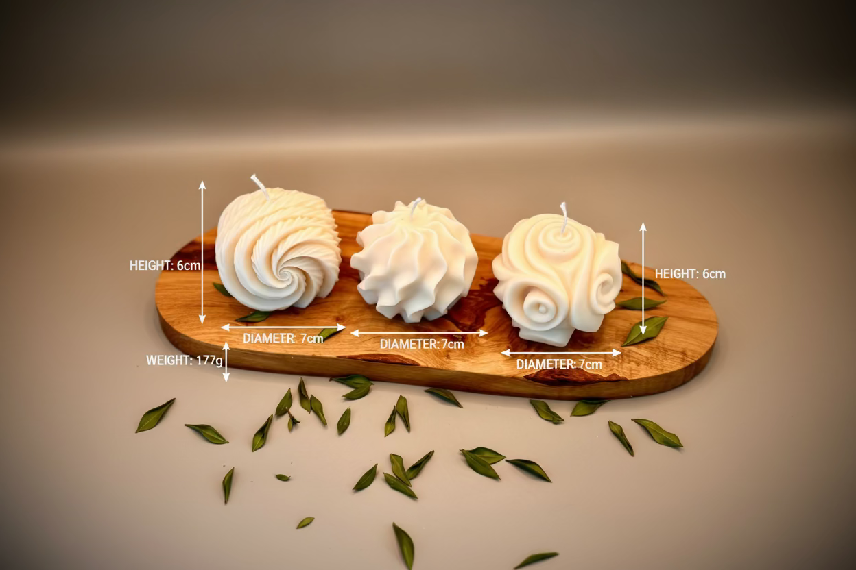 Three decorative candles on a wooden board with green leaves scattered around.