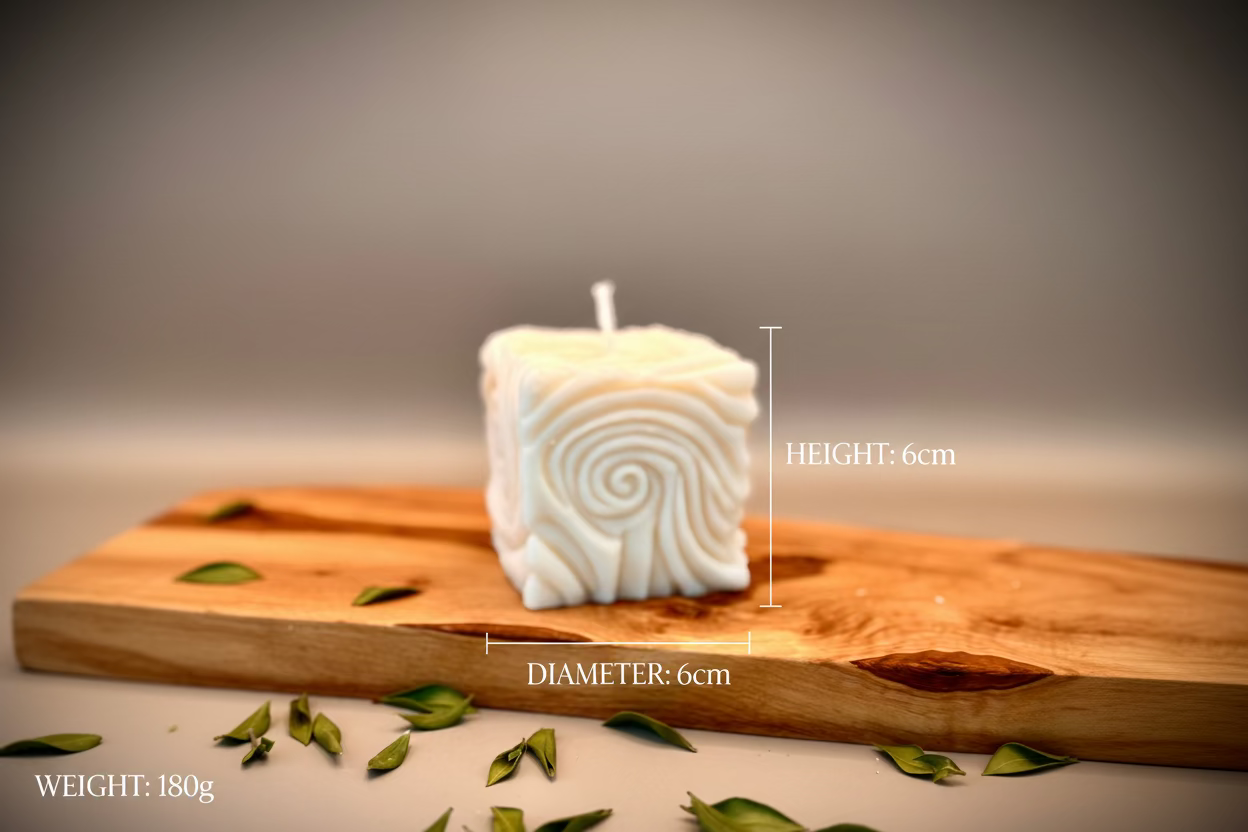 Square candle with wavy pattern on a wooden board with green leaves