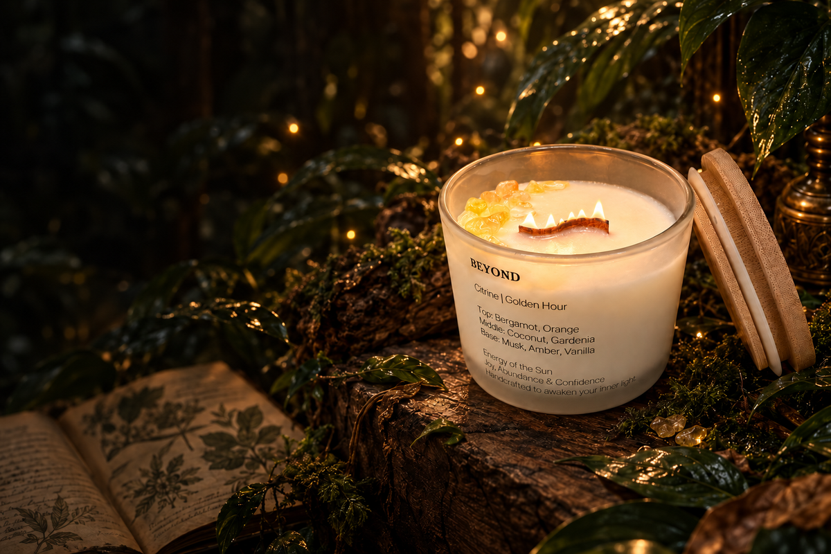 Beyond Citrine candle with a curved wooden wick in a forest setting